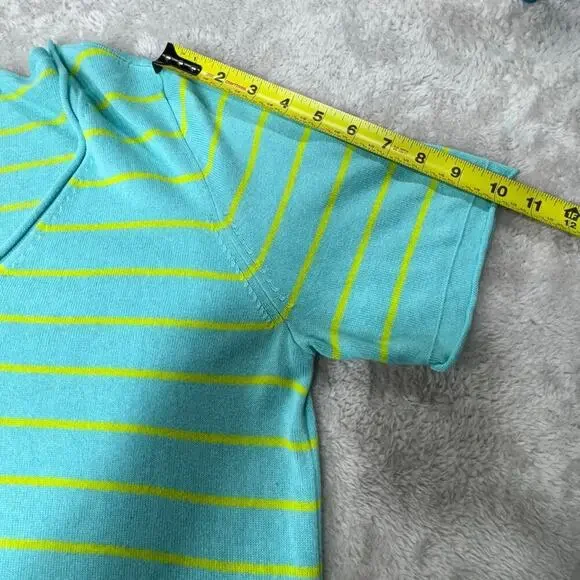 J.Crew Linen Blend Striped Sweater Top Sz M Green Yellow V-Neck Short Sleeve - Picture 7 of 9